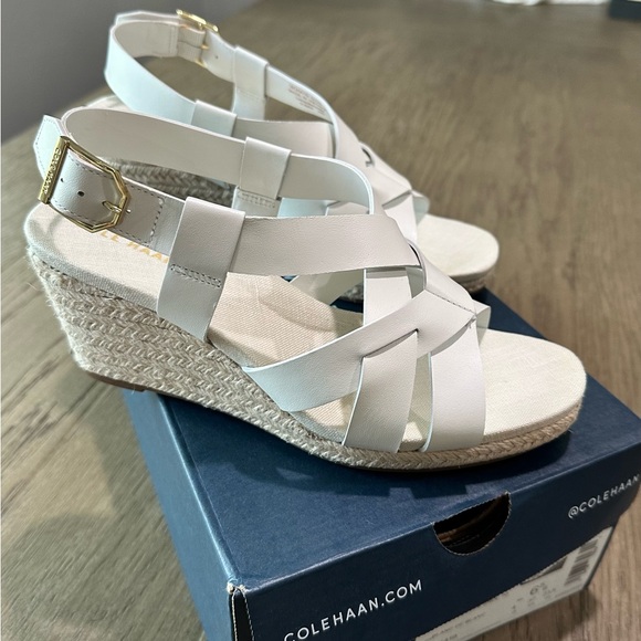 Cole Haan Crystal Leather Wedge Strappy Sandal White Size 6.5 - Picture 7 of 13